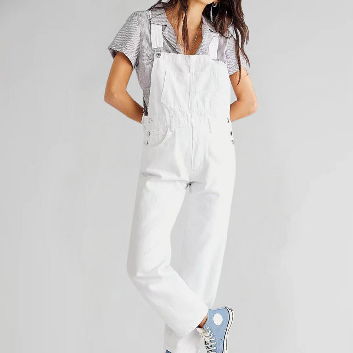 Witte dames denim tuinbroek, ideaal voor casual gelegenheden.
