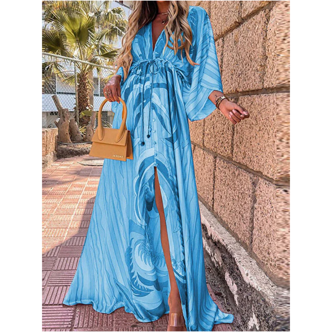 Dames maxi jurk met V-hals, elegante pasvorm en zijsplitten, perfect voor speciale gelegenheden
