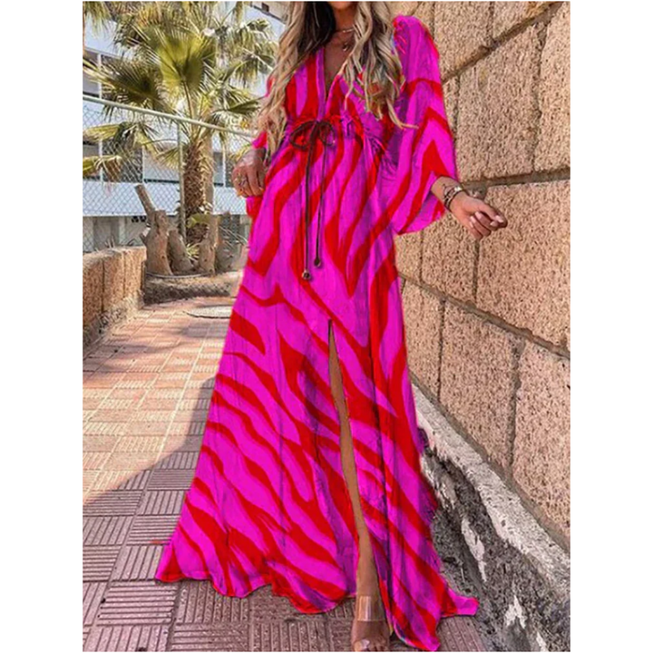 Dames maxi jurk met V-hals, elegante pasvorm en zijsplitten, perfect voor speciale gelegenheden