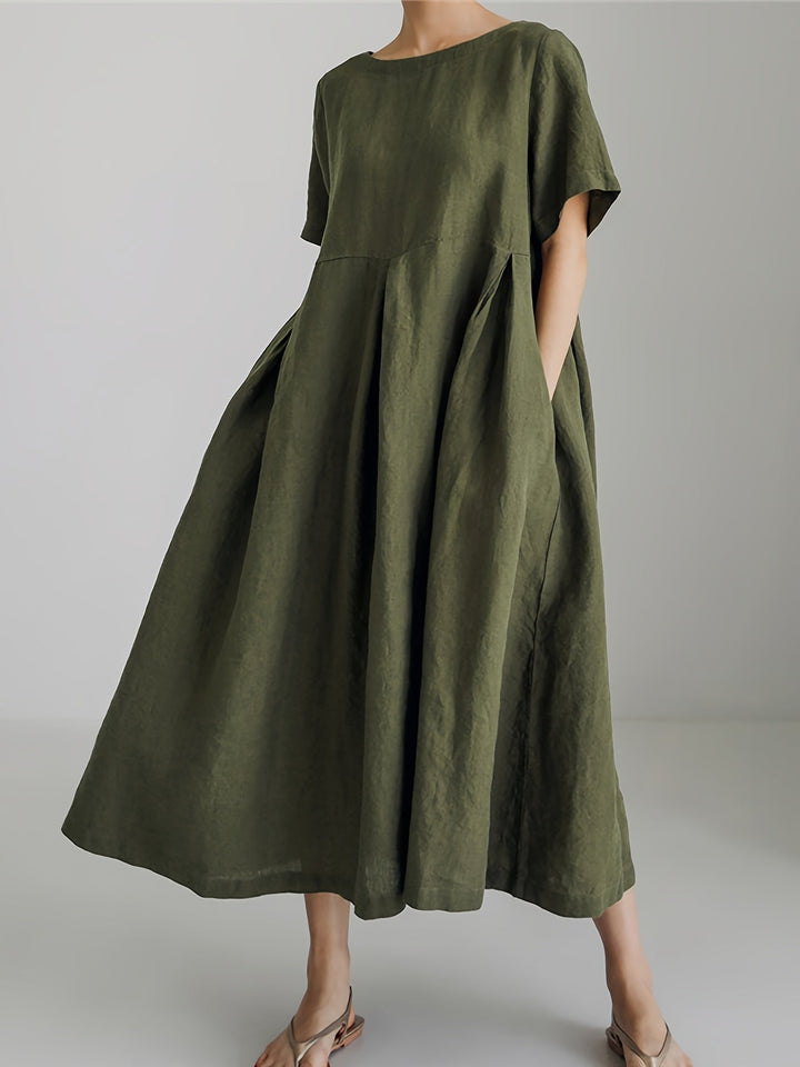 Elegante linnen maxi jurk voor dames: knielang, korte mouwen, losse pasvorm, ademend, ideaal voor de zomer.