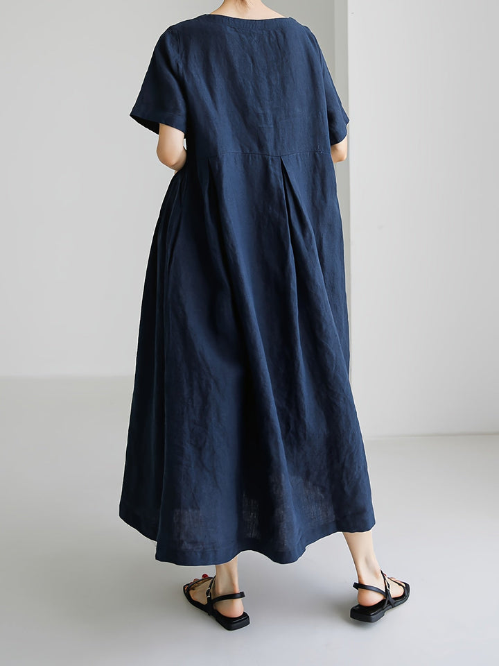 Elegante linnen maxi jurk voor dames: knielang, korte mouwen, losse pasvorm, ademend, ideaal voor de zomer.
