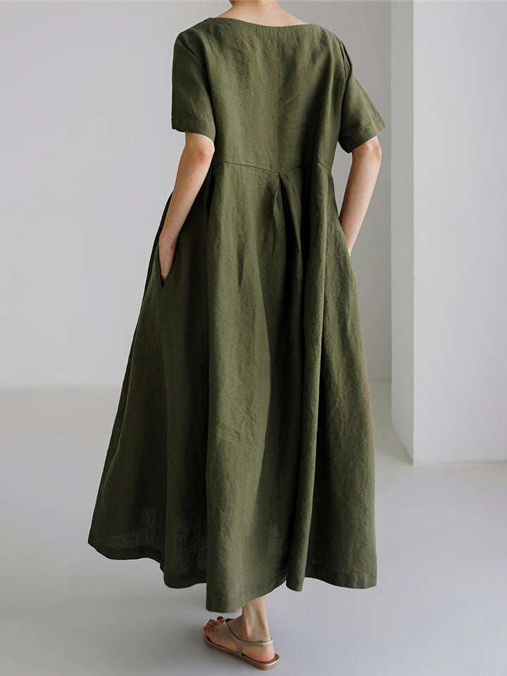 Elegante linnen maxi jurk voor dames: knielang, korte mouwen, losse pasvorm, ademend, ideaal voor de zomer.