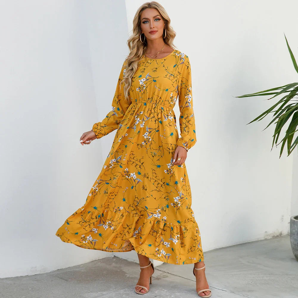 Boho Maxi Jurk voor Dames met Bloemenprint en Lange Mouwen, ideaal voor de zomer met een vloeiende snit en vrouwelijk ontwerp
