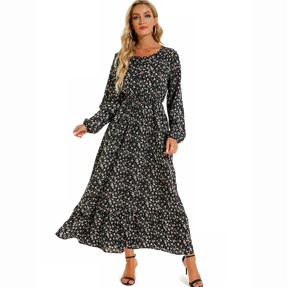 Boho Maxi Jurk voor Dames met Bloemenprint en Lange Mouwen, ideaal voor de zomer met een vloeiende snit en vrouwelijk ontwerp