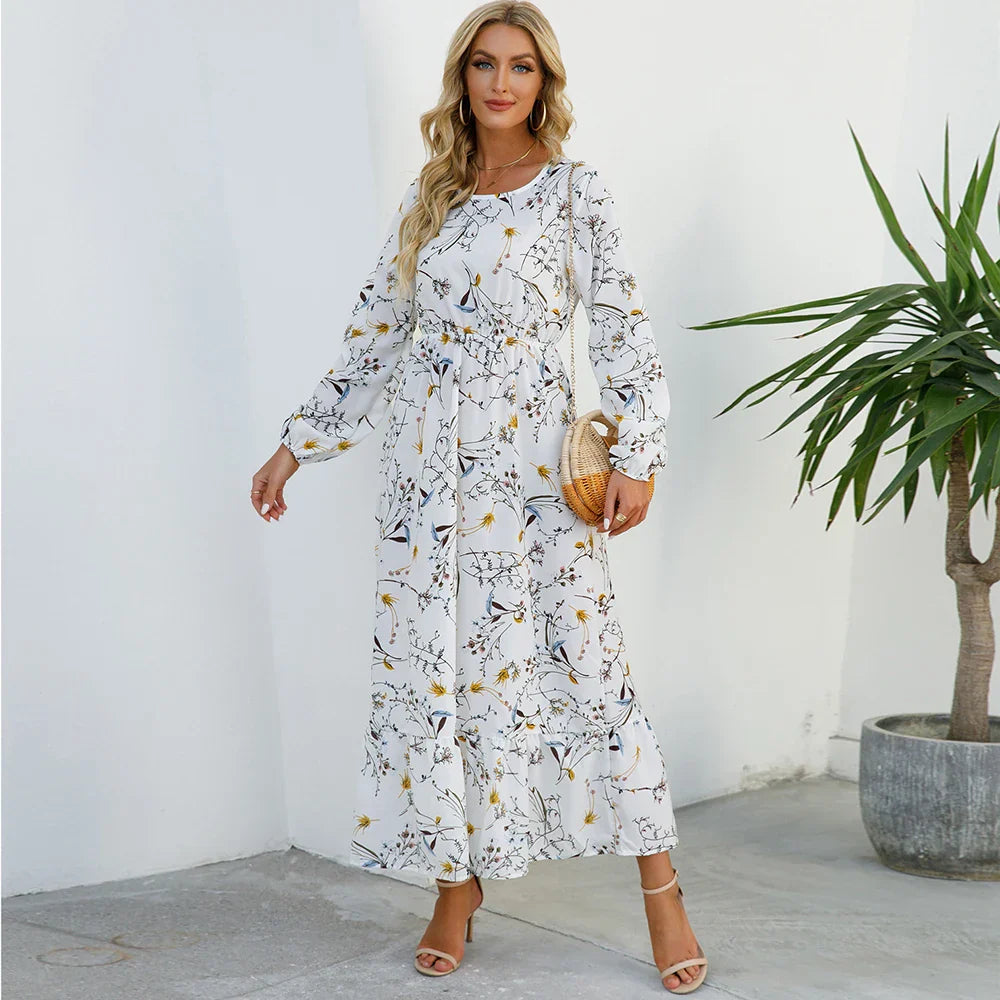 Boho Maxi Jurk voor Dames met Bloemenprint en Lange Mouwen, ideaal voor de zomer met een vloeiende snit en vrouwelijk ontwerp