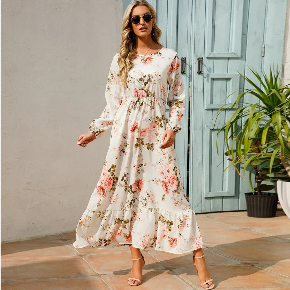 Boho Maxi Jurk voor Dames met Bloemenprint en Lange Mouwen, ideaal voor de zomer met een vloeiende snit en vrouwelijk ontwerp