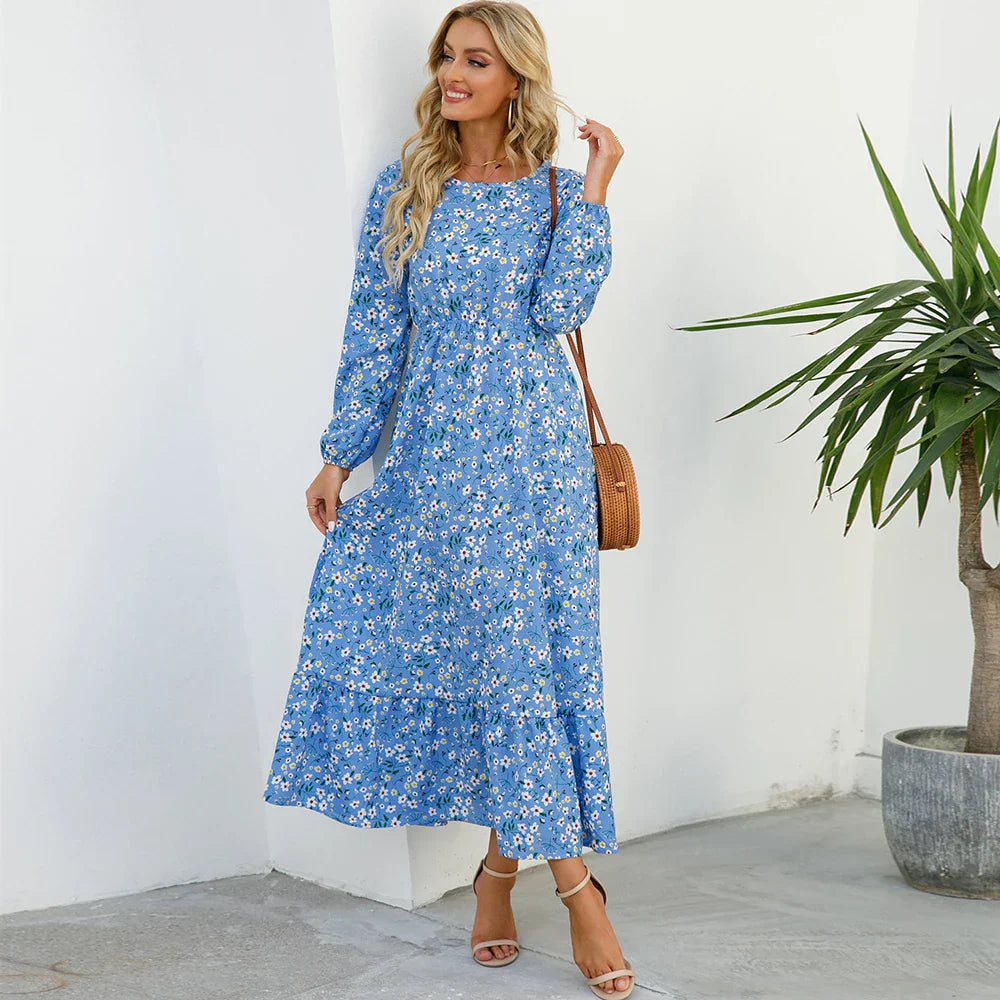 Boho Maxi Jurk voor Dames met Bloemenprint en Lange Mouwen, ideaal voor de zomer met een vloeiende snit en vrouwelijk ontwerp
