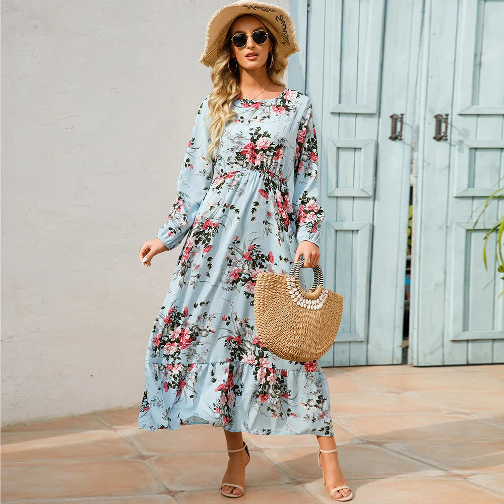 Boho Maxi Jurk voor Dames met Bloemenprint en Lange Mouwen, ideaal voor de zomer met een vloeiende snit en vrouwelijk ontwerp