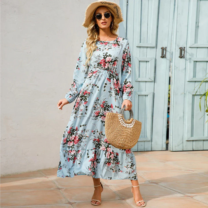 Boho Maxi Jurk voor Dames met Bloemenprint en Lange Mouwen, ideaal voor de zomer met een vloeiende snit en vrouwelijk ontwerp