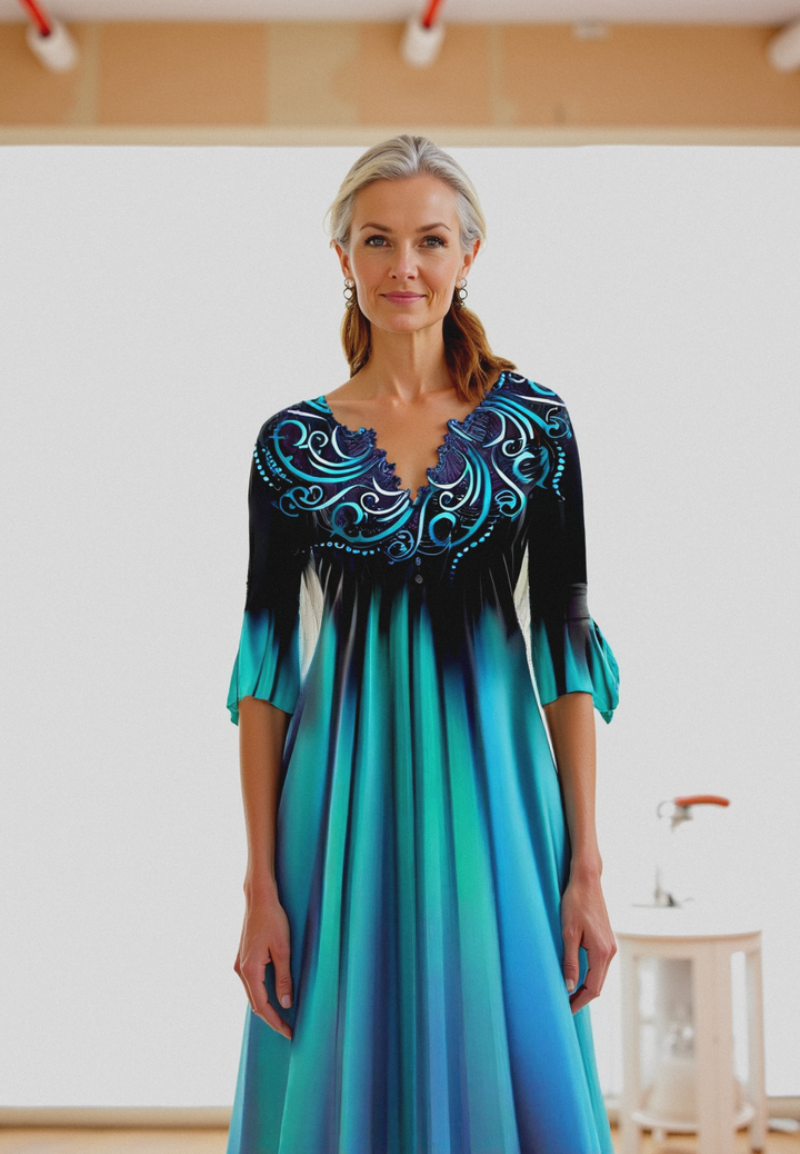 Dames midi jurk met kleurverloop en 3/4 mouwen, elegant ontwerp, veelzijdig voor elke gelegenheid.