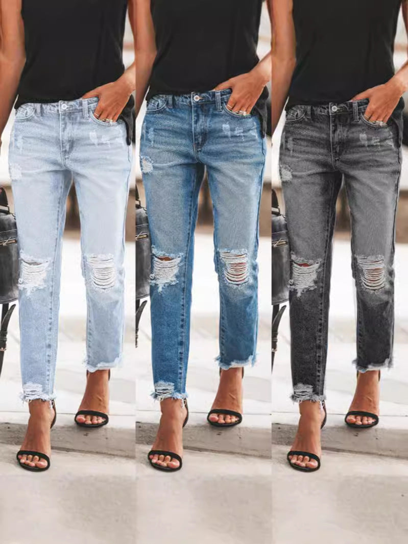 Dames Ripped Denim Jeans, casual pasvorm, gerafelde zoom, urban blauwe jeans, trendy details, veelzijdig te dragen.