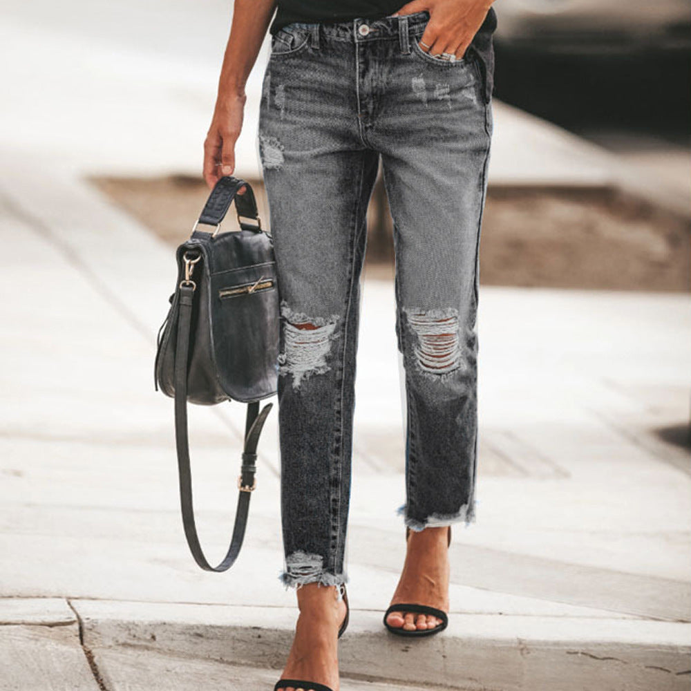 Dames Ripped Denim Jeans, casual pasvorm, gerafelde zoom, urban blauwe jeans, trendy details, veelzijdig te dragen.