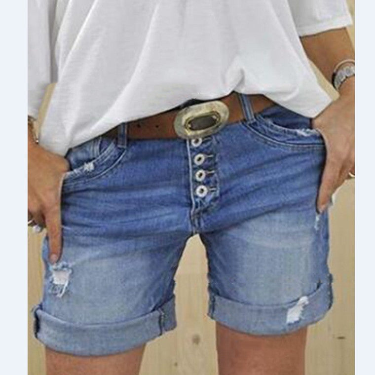 Dames gescheurde denim shorts, blauwe jeansshorts, stijlvolle en comfortabele mode voor dames