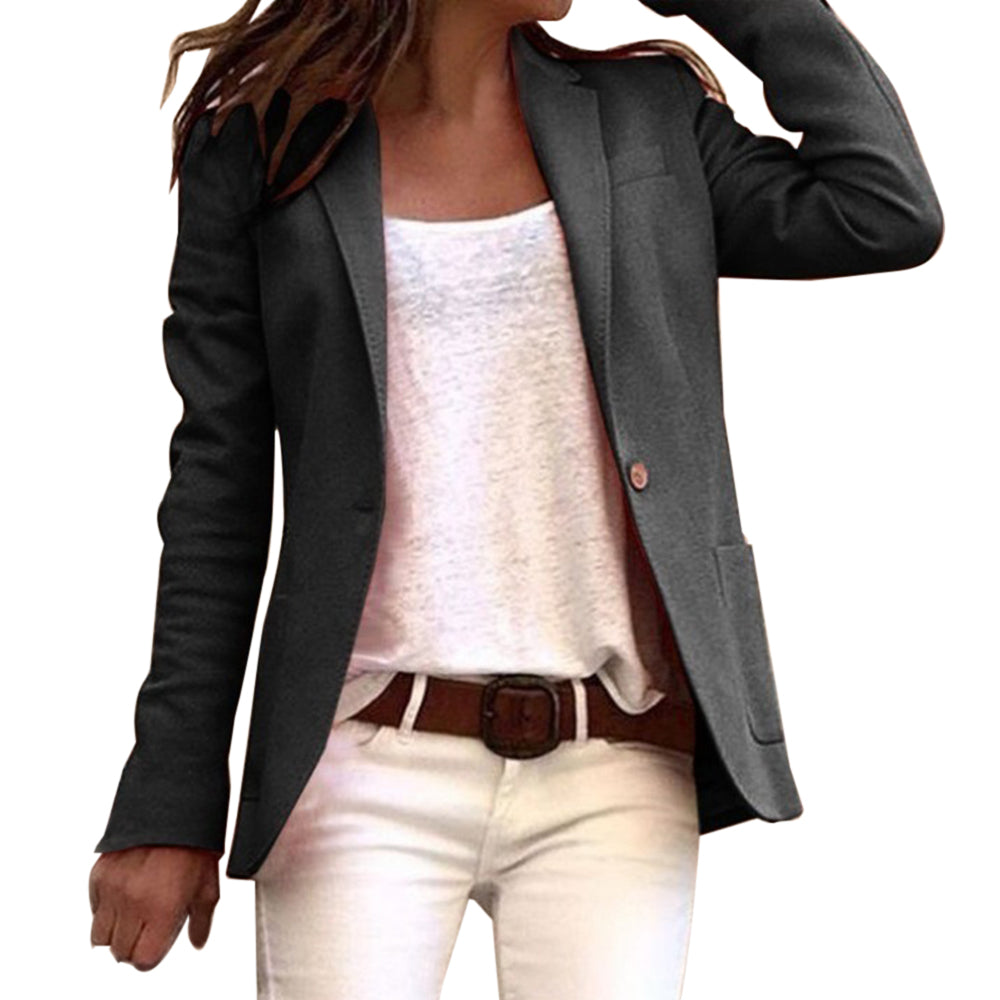 Dames Slim Fit Blazer in lichtblauw met lange mouwen en klassieke revers, ideaal voor kantoor en elegante gelegenheden.