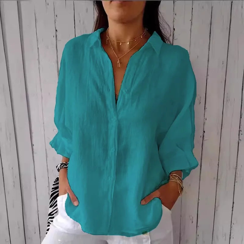 Dames Zomer Button Down Overhemd, lichtgewicht ademend materiaal, lange mouwen, casual pasvorm, meerdere kleuren.