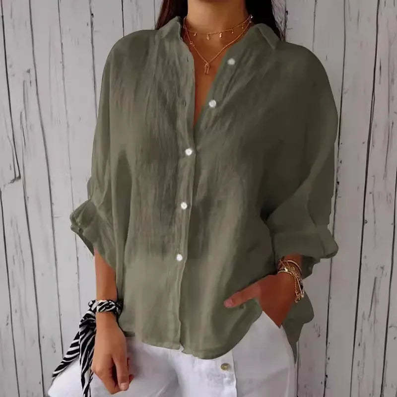 Dames Zomer Button Down Overhemd, lichtgewicht ademend materiaal, lange mouwen, casual pasvorm, meerdere kleuren.