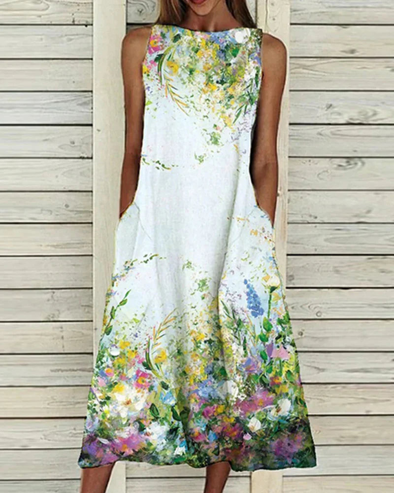Dames zomerjurk met bloemenprint, A-lijn, midi-lengte, levendige bloemen, ideaal voor zomerse gelegenheden, vrouwelijke pasvorm.