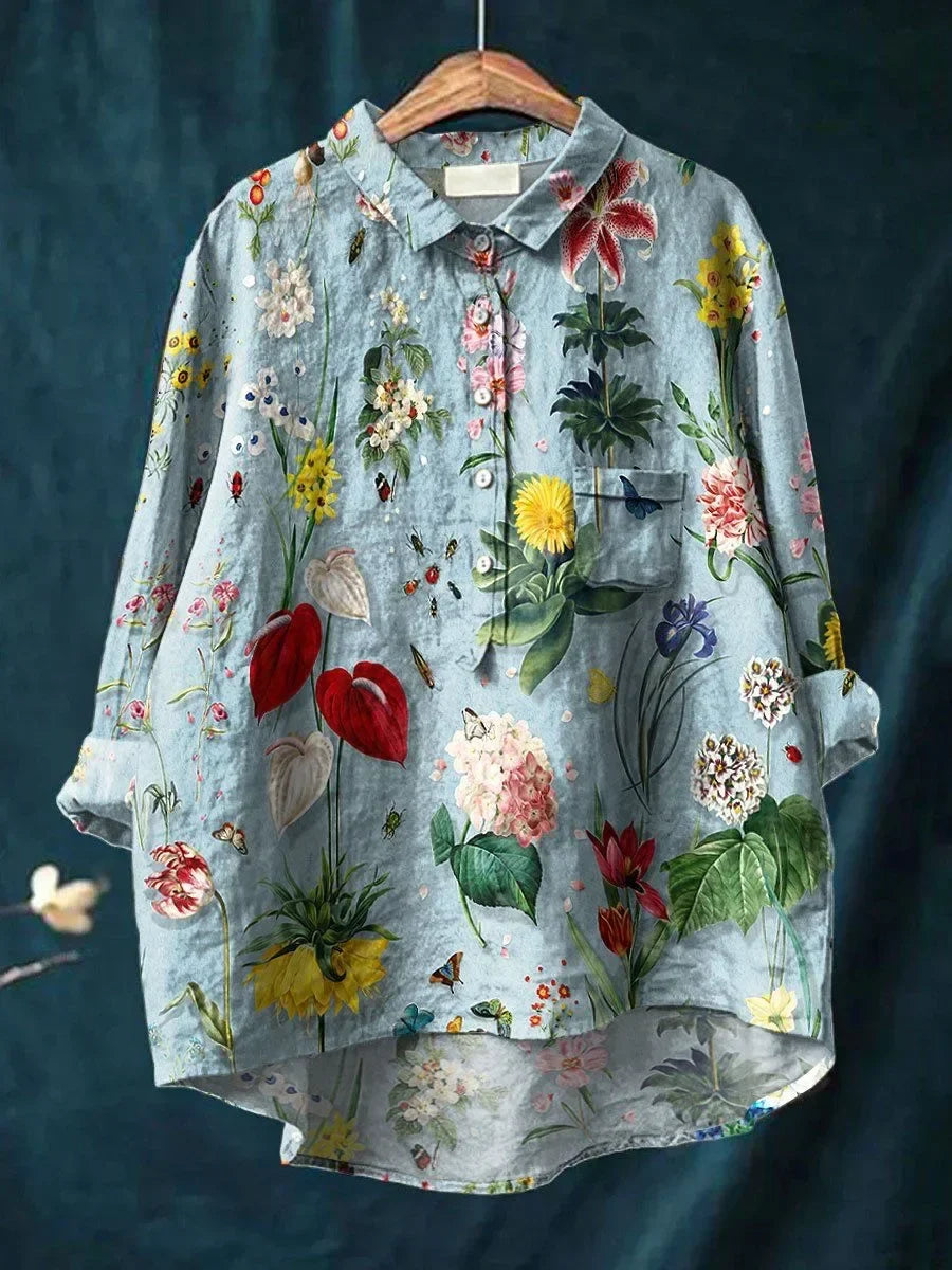 Dames zomershirt met losse pasvorm en elegant bloemenontwerp, lange mouwen, veelzijdig, bloemenprint, comfortabel, vrouwelijk