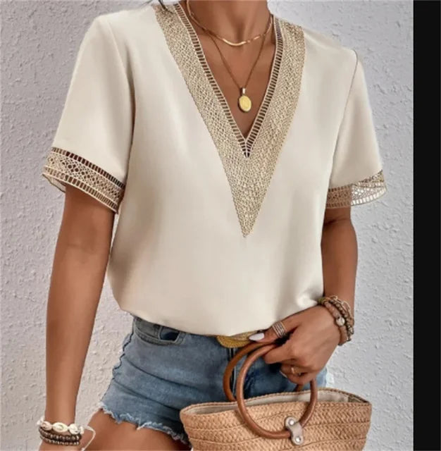 Dames V-hals top, elegant zomer top in verschillende kleuren, getailleerd en lichtgewicht materiaal