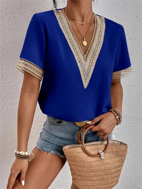 Dames V-hals top, elegant zomer top in verschillende kleuren, getailleerd en lichtgewicht materiaal