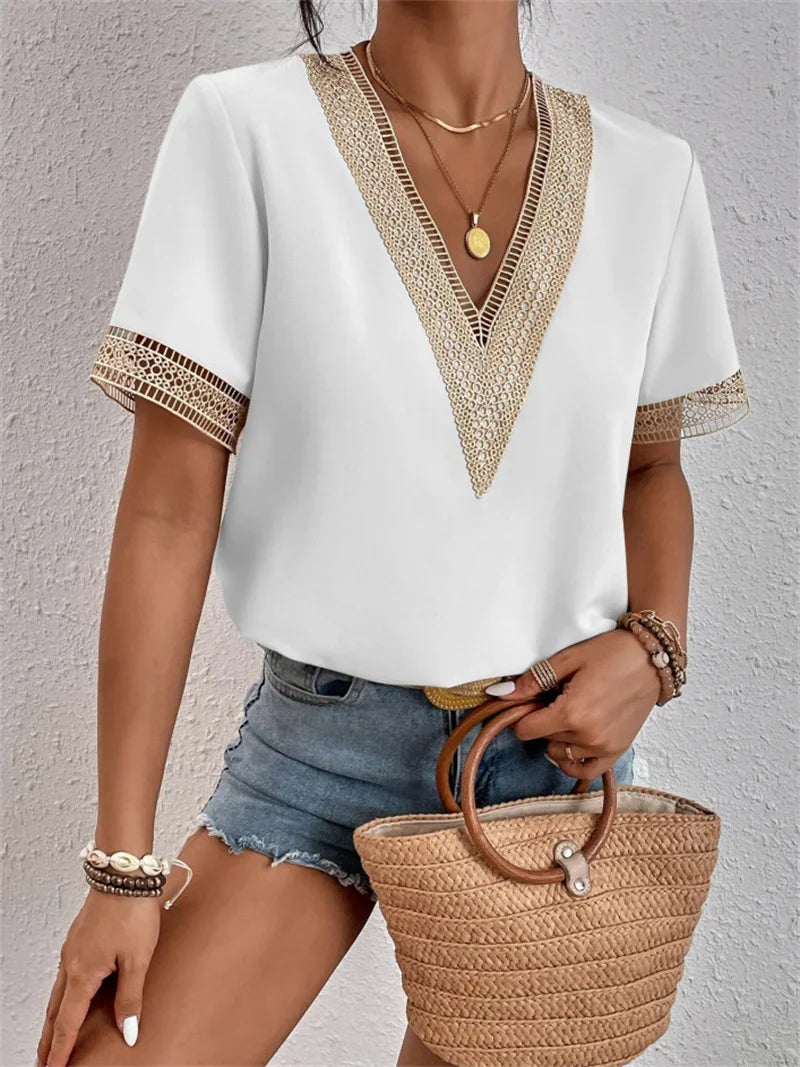 Dames V-hals top, elegant zomer top in verschillende kleuren, getailleerd en lichtgewicht materiaal