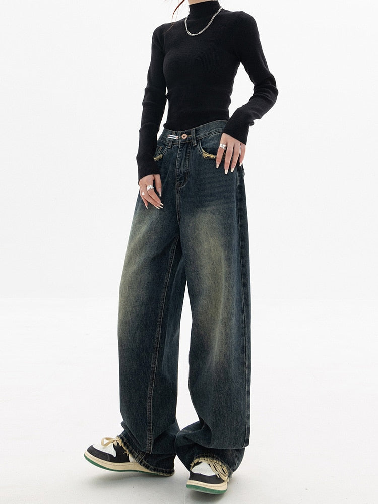 Dames Vintage Baggy Jeans in Blauw, hoge taille, wijde pijp, casual streetwear-stijl voor comfort en elegantie.