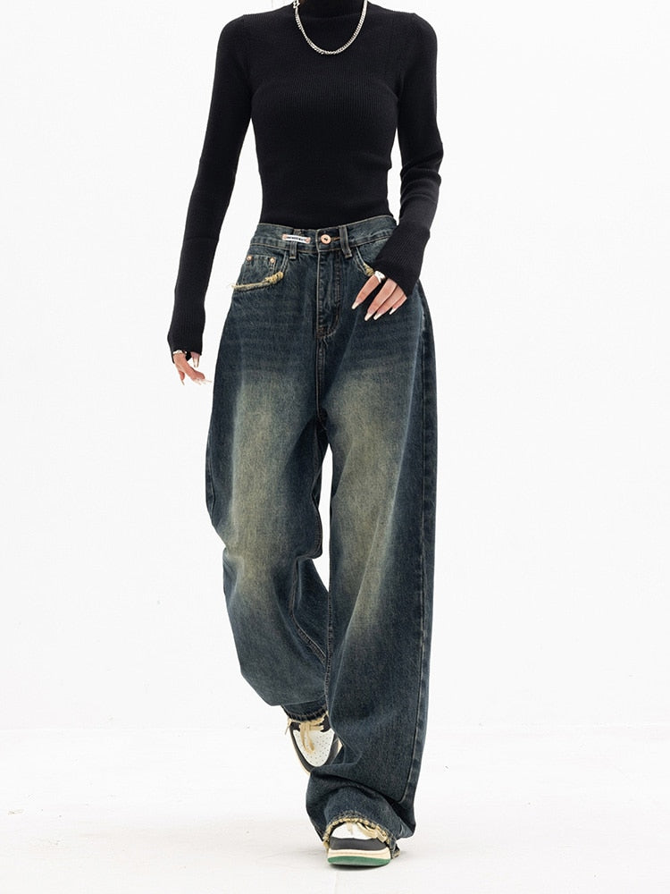 Dames Vintage Baggy Jeans in Blauw, hoge taille, wijde pijp, casual streetwear-stijl voor comfort en elegantie.