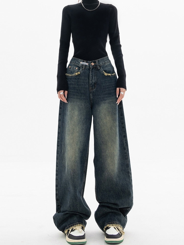 Dames Vintage Baggy Jeans in Blauw, hoge taille, wijde pijp, casual streetwear-stijl voor comfort en elegantie.