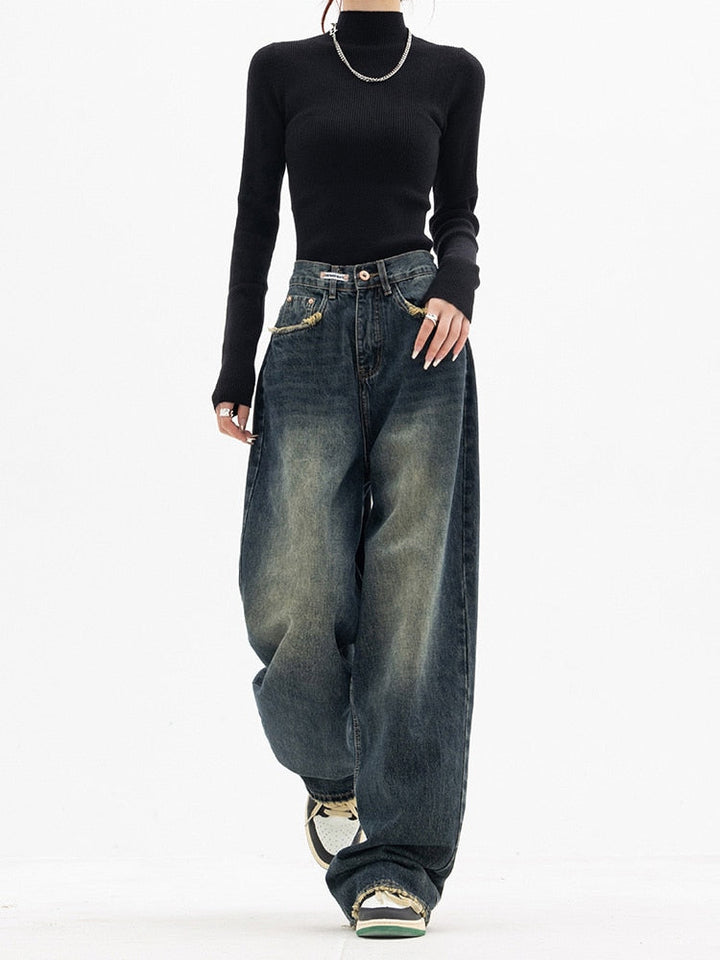 Dames Vintage Baggy Jeans in Blauw, hoge taille, wijde pijp, casual streetwear-stijl voor comfort en elegantie.