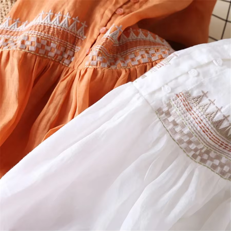 Dames Vintage Boho Zomerjurk in midi-lengte met delicaat borduurwerk, getailleerde pasvorm en vloeiend silhouet