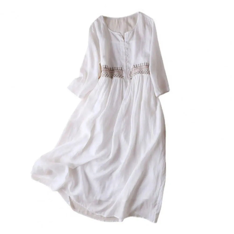 Dames Vintage Boho Zomerjurk in midi-lengte met delicaat borduurwerk, getailleerde pasvorm en vloeiend silhouet