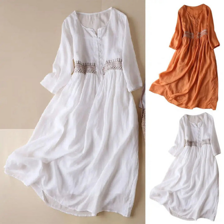 Dames Vintage Boho Zomerjurk in midi-lengte met delicaat borduurwerk, getailleerde pasvorm en vloeiend silhouet