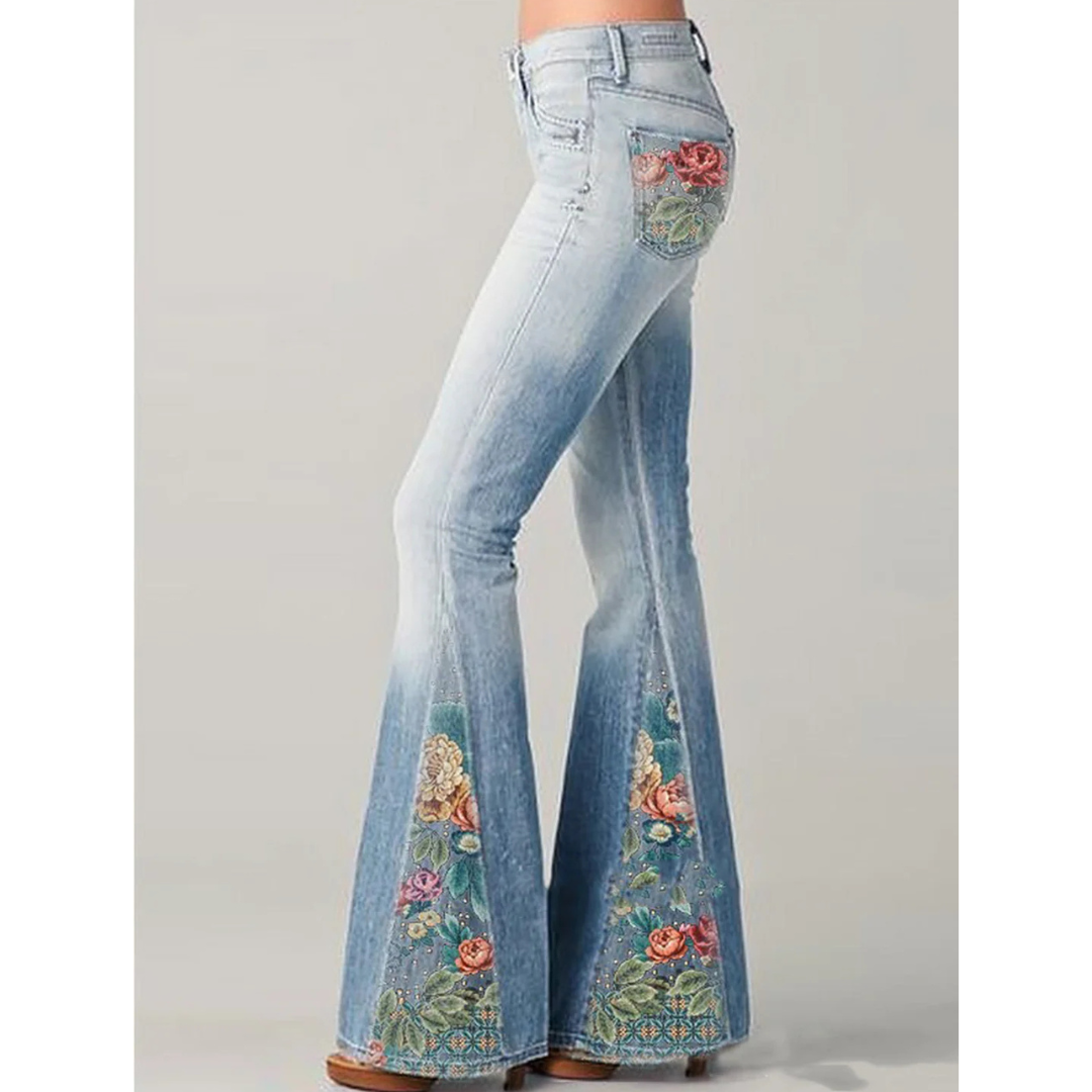 Dames vintage jeans met bloemenborduurwerk, wijde pijpen, elegante pasvorm, artistieke retro-stijl