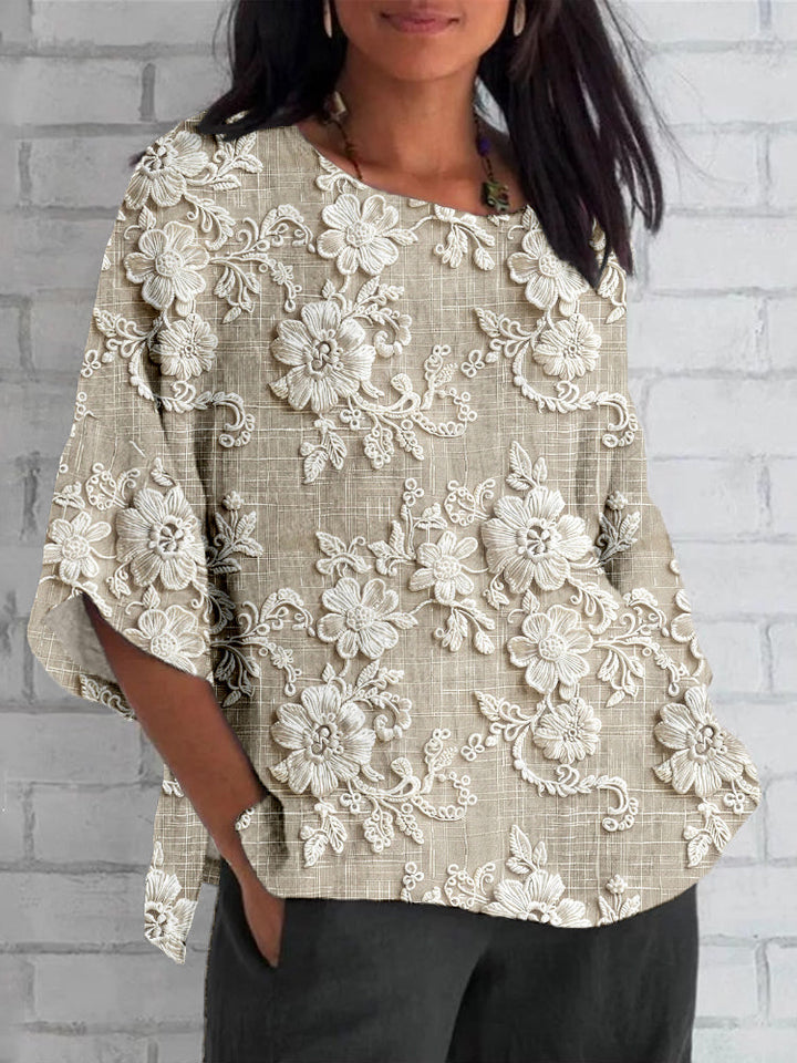 Dames vintage top met bloemendesign, elegant met halflange mouwen, ideaal voor veelzijdige outfits en gelegenheden.
