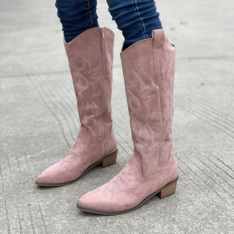 Dames suède westernlaarzen met borduurwerk, elegant design en comfortabele blokhak voor elke outfit.