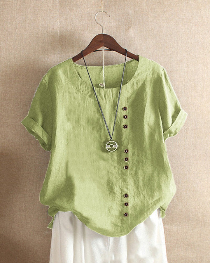 Damesblouse met ronde hals en knopen, in effen kleuren, ideaal voor diverse gelegenheden en een tijdloze stijl.