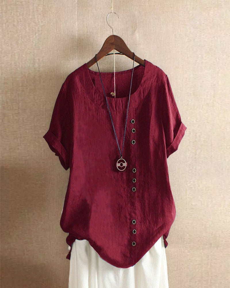 Damesblouse met ronde hals en knopen, in effen kleuren, ideaal voor diverse gelegenheden en een tijdloze stijl.