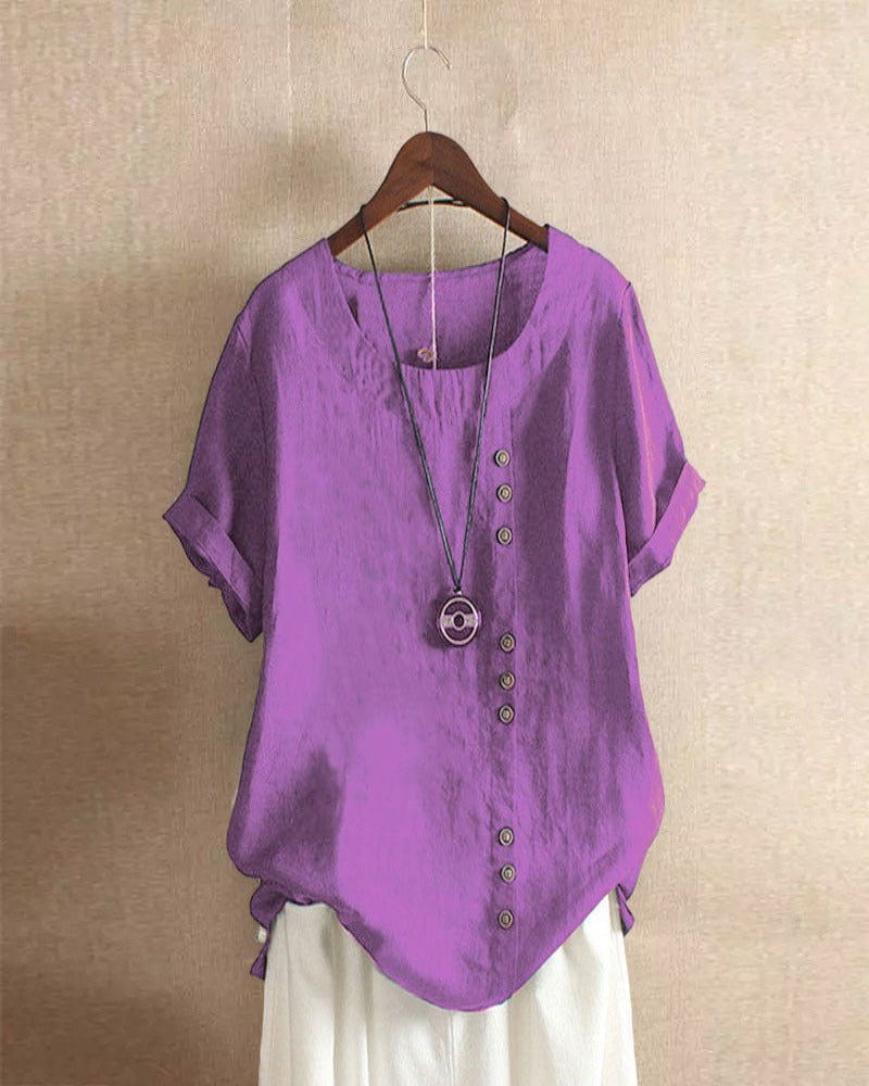 Damesblouse met ronde hals en knopen, in effen kleuren, ideaal voor diverse gelegenheden en een tijdloze stijl.