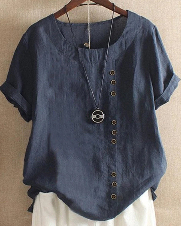 Damesblouse met ronde hals en knopen, in effen kleuren, ideaal voor diverse gelegenheden en een tijdloze stijl.