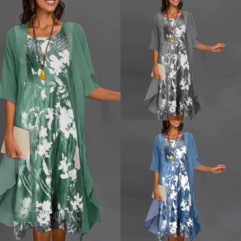 Damesjurk met bloemenprint, mini, aangevuld met elegante blazer, ideaal voor stijlvolle gelegenheden en vrouwelijke elegantie.