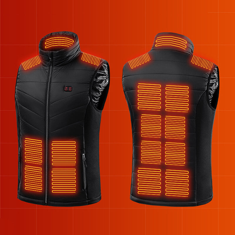 Damesvest met 13 graphene verwarmingzones, slimme bediening en metalen ritssluiting, ideaal voor koude dagen.