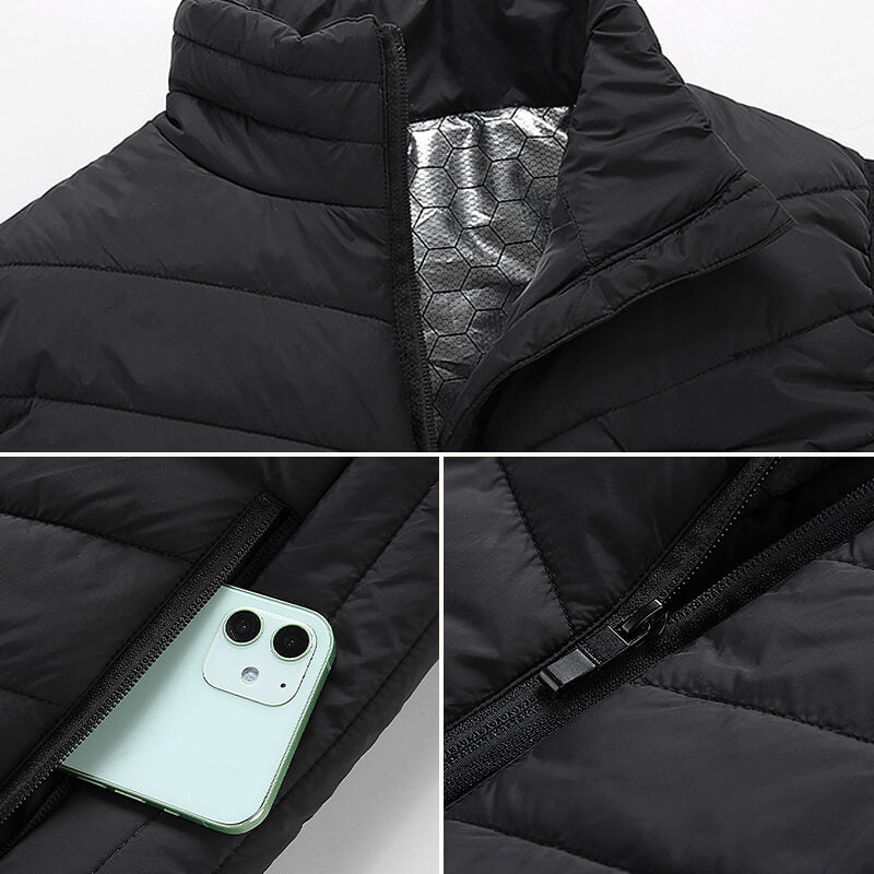 Damesvest met 13 graphene verwarmingzones, slimme bediening en metalen ritssluiting, ideaal voor koude dagen.
