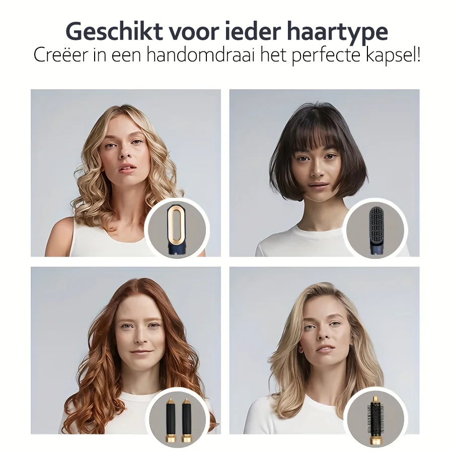 Veelzijdige 5-in-1 haarstyler: föhn, krultang, stijltang en volume in één apparaat voor dames.