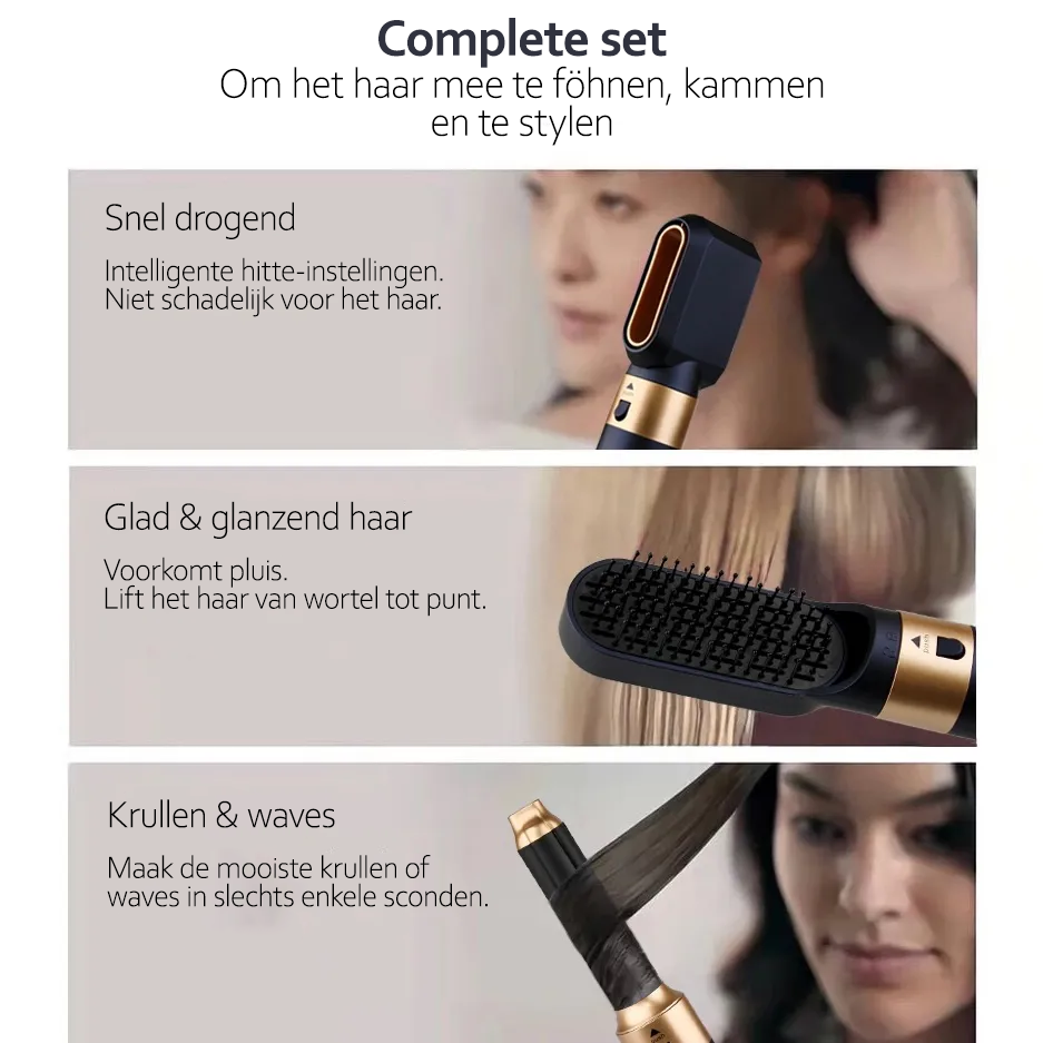 Dames 5-in-1 multi haarstyler met diverse opzetstukken voor föhnen, krullen, stijlen en extra volume.