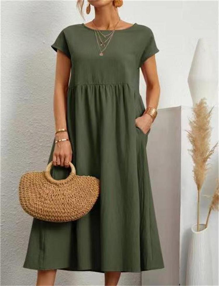 Veelzijdige dames casual midi jurk met A-lijn pasvorm en praktische zakken; ideaal voor zomerse dagen.