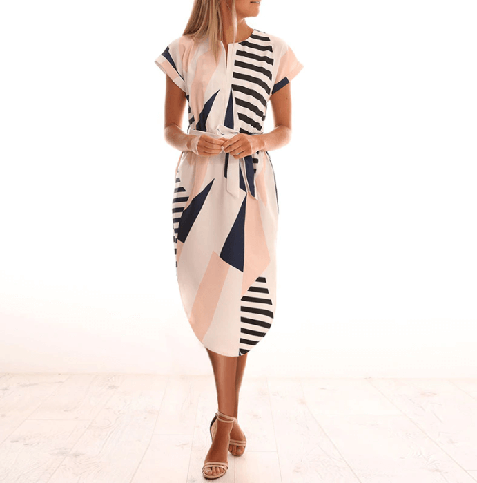 Trendy print midi-jurk voor dames, asymmetrisch design, flatterende tailleband. Perfecte zomerjurk.