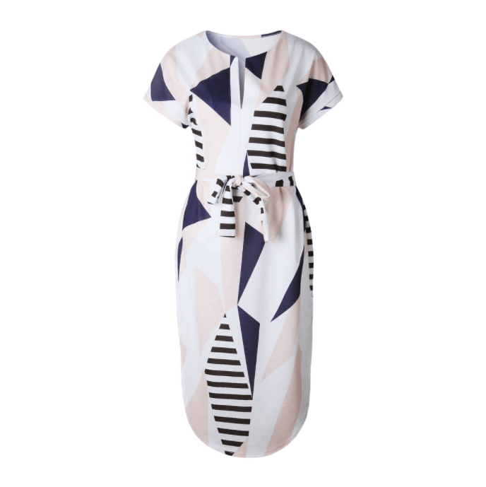 Chique asymmetrische midi-jurk met trendy print en tailleband voor dames. Stijlvol voor zomer en lente.