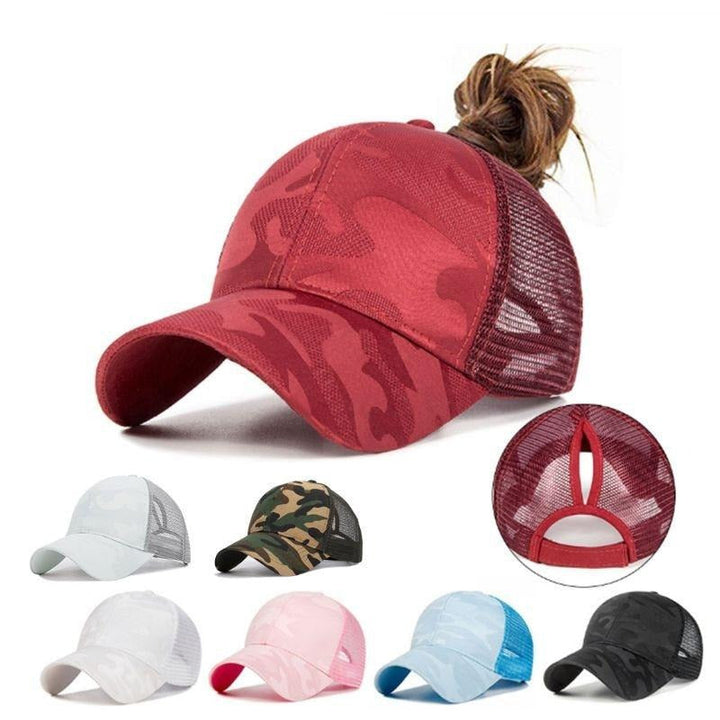 Camouflage dames cap, trendy en verstelbaar, met speciale opening voor een paardenstaart.