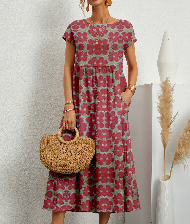 Dames bloemen A-lijn midi jurk met praktische zakken, ideaal voor zomer en lente.