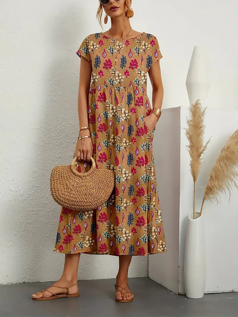 Veelzijdige dames bloemen midi jurk met A-lijn, zomerse uitstraling en zakken voor een elegante look.